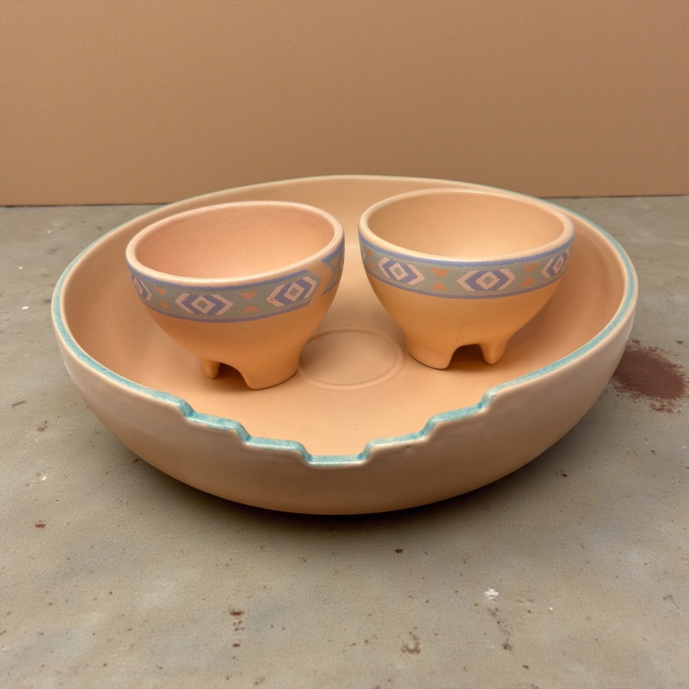 Treasure Craft Southwestern Chip and Dip Set Peach Teal Geometric 3pc Made USA